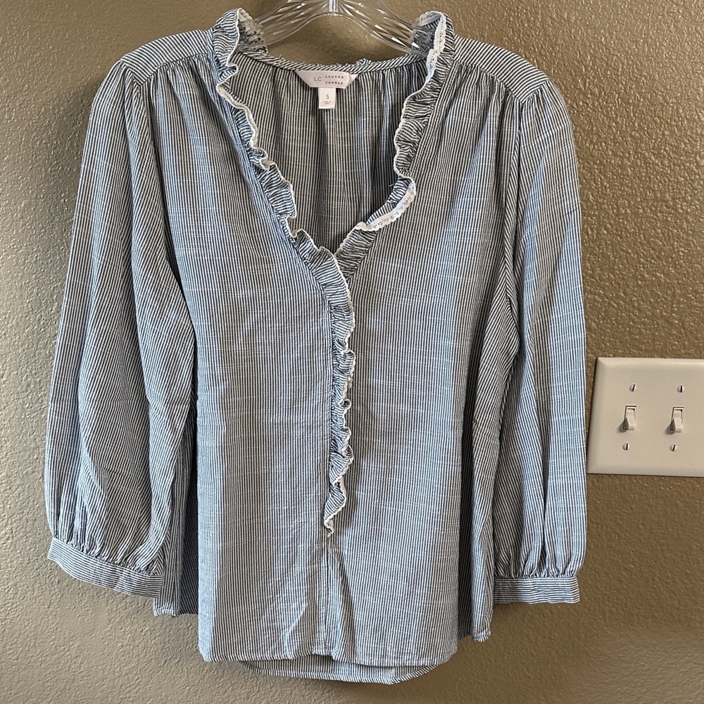 LC Lauren Conrad Blue & White Pinstripe Ruffle Blouse